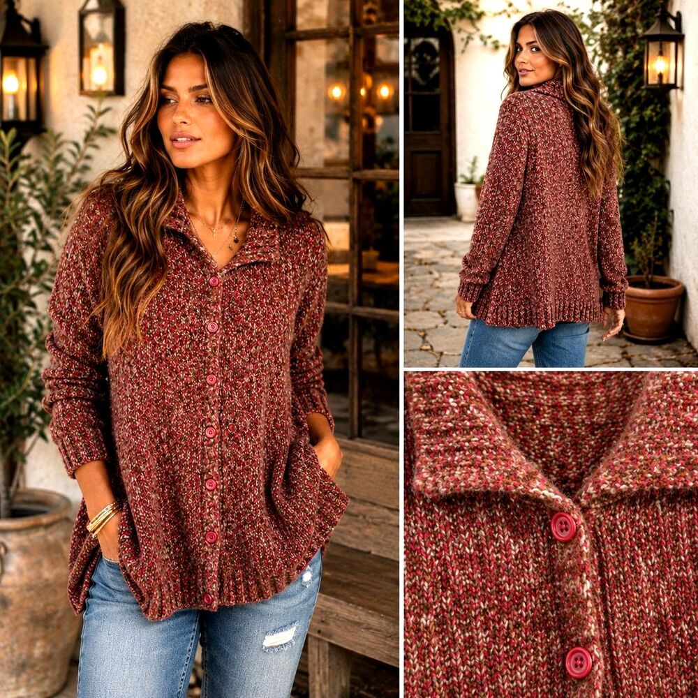 Lagenlook 3X Wool Blend Marled Cardigan Chunky Knit Red Brown Collared Sweater